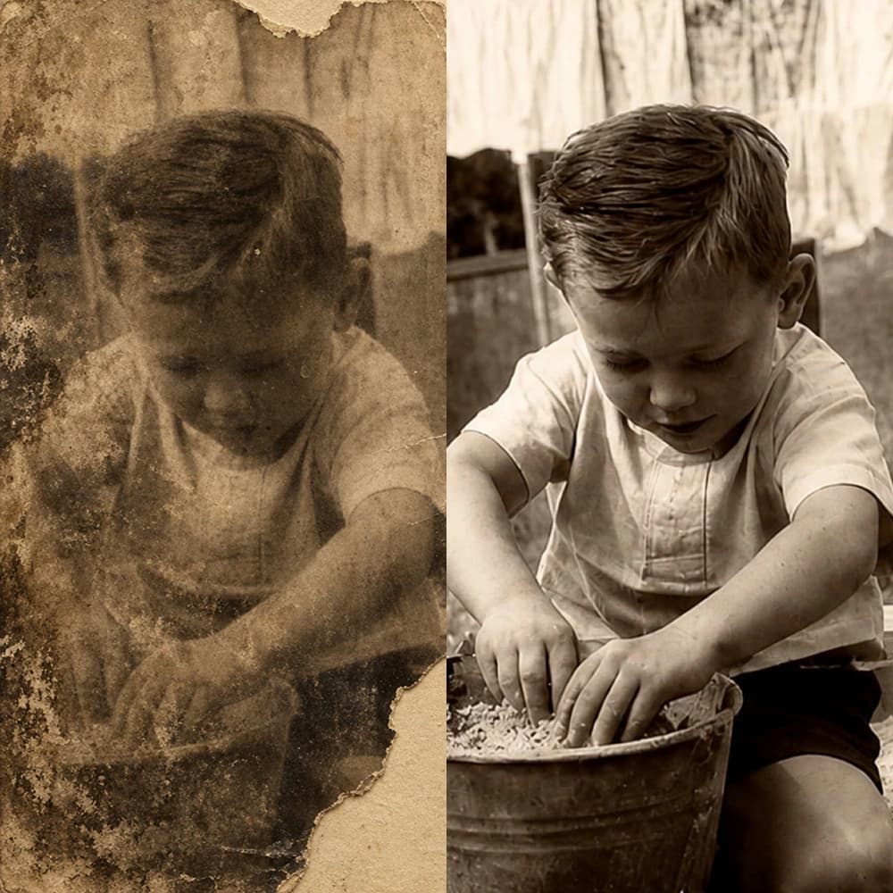 A damaged old photograph on the left and the same photograph restored on the right
